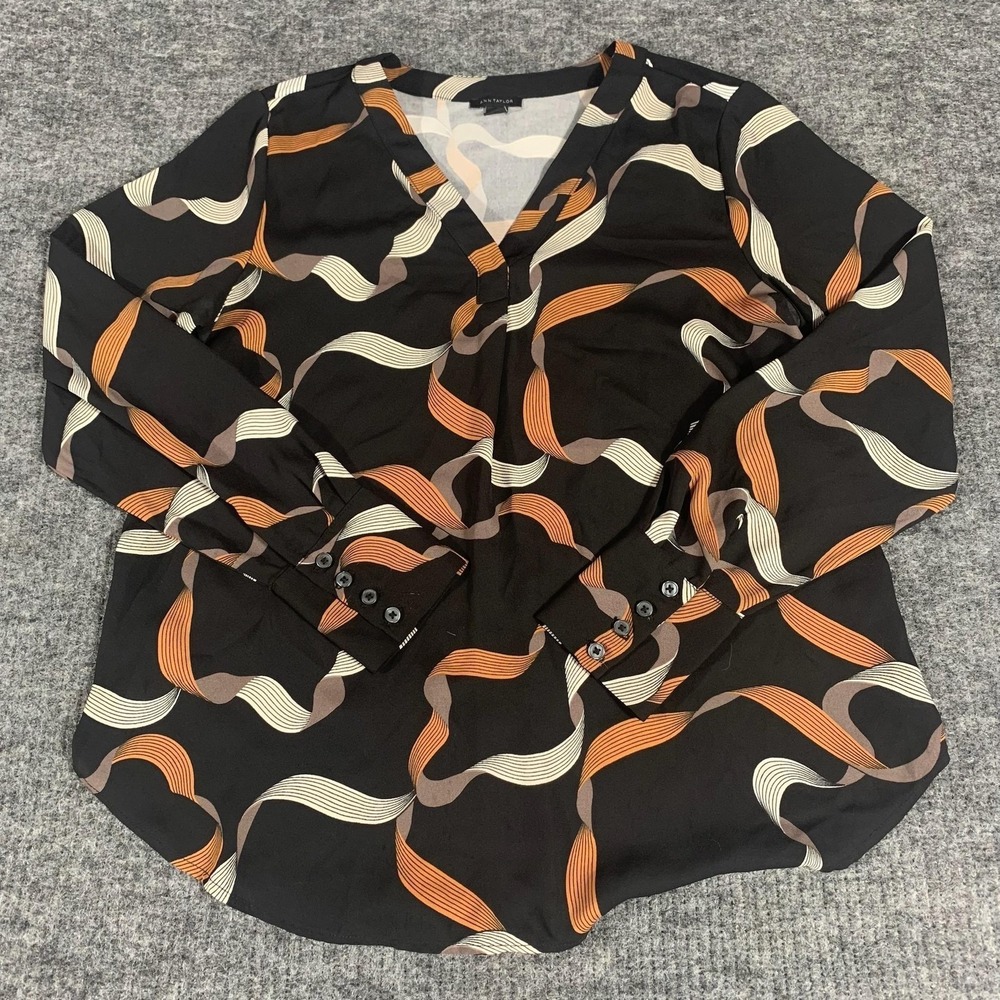 Ann Taylor Blouse Womens XS Black Geometric V Neck Long Sleeve Tunic Top Office